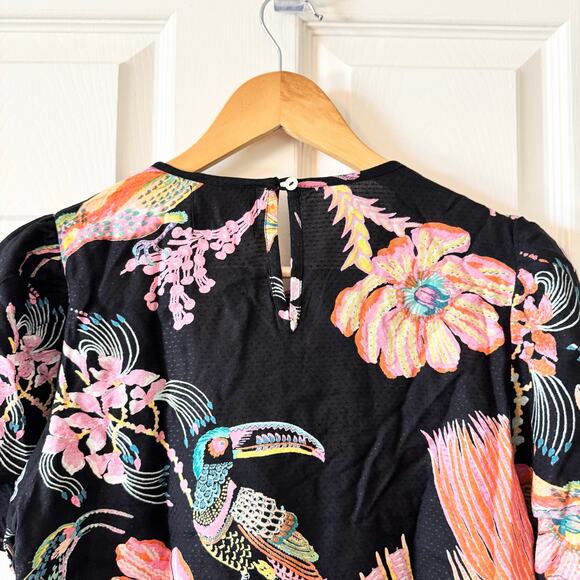 Anthropologie Banjanan Black Floral Bird Ruffle Blouse - Picture 7 of 8